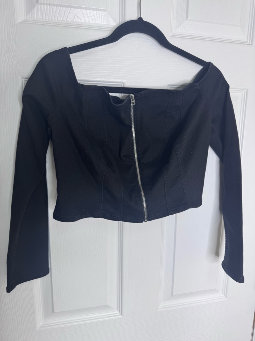 True Religion Black Off-Shoulder Zip Front Long Sleeve Top